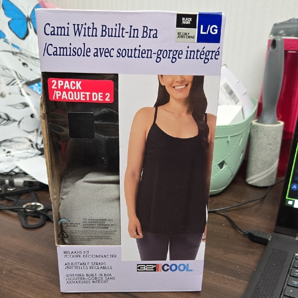 32 Degrees Cool Size L Black and Grey 2 Pack of Camisoles With Built In Bra